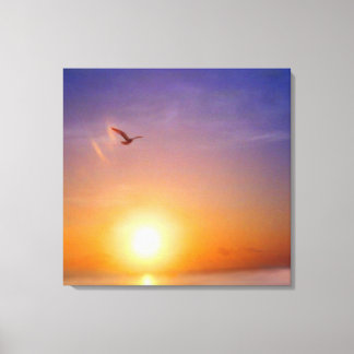 Toile Coucher de soleil sur l'océan avec mouette