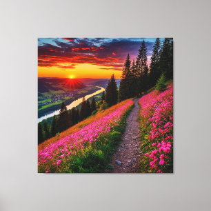 Toile Coucher de soleil sur une montagne panoramique ave