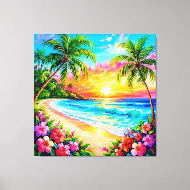 Toile Coucher de soleil sur une plage tropicale avec des (Recto)