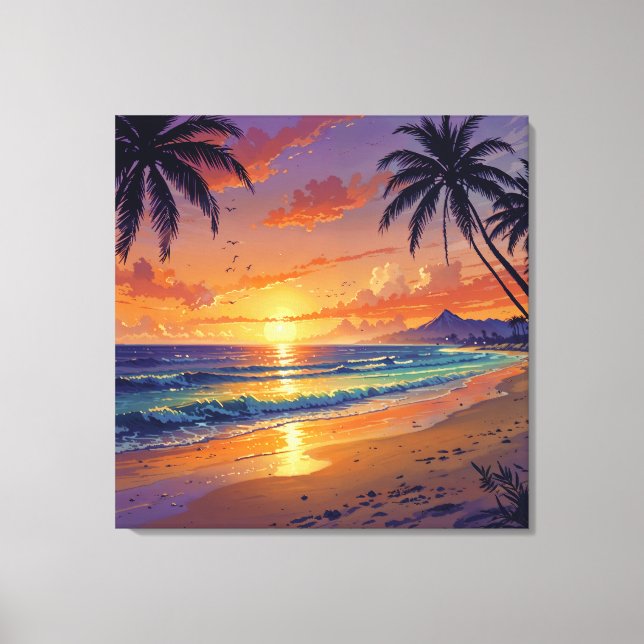 Toile Coucher de soleil sur une plage tropicale - Illust (Recto)