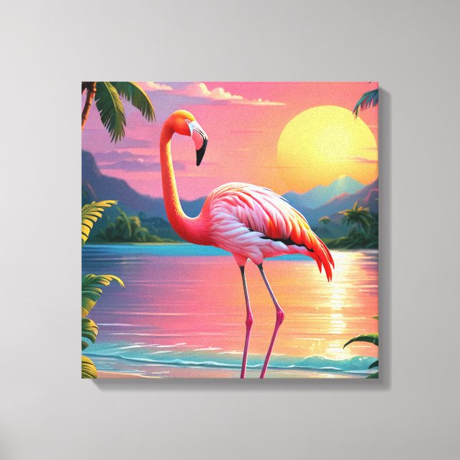 Toile Coucher de soleil tropical aux flamants roses  (Recto)