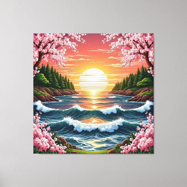 Toile Coucher de soleil vibrant sur les vagues de l'océa (Recto)