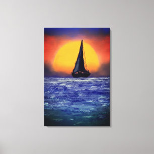 Toile Coucher de soleil voilier - Art aquarelle
