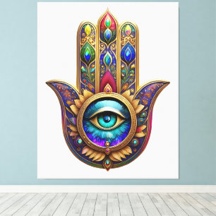 Toile Couleurs Paon Doré Hamsa Saphir Vert Troisième Œil
