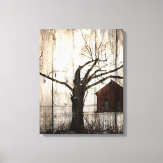 Toile Country primitive Woodgrain Winter Tree Red Barn