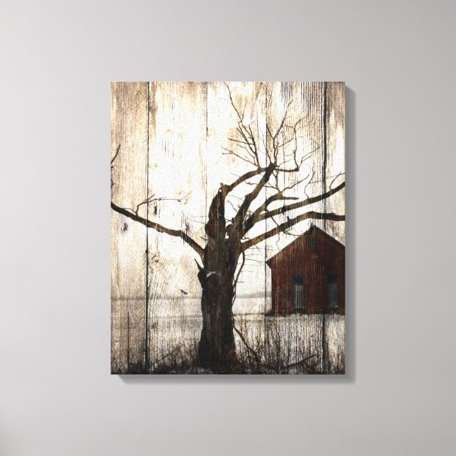 Toile Country primitive Woodgrain Winter Tree Red Barn (Recto)