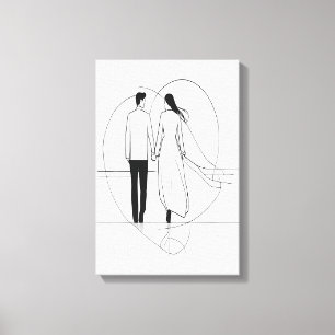 Toile Couple Romantique aux Lignes Minimalistes se Tenan