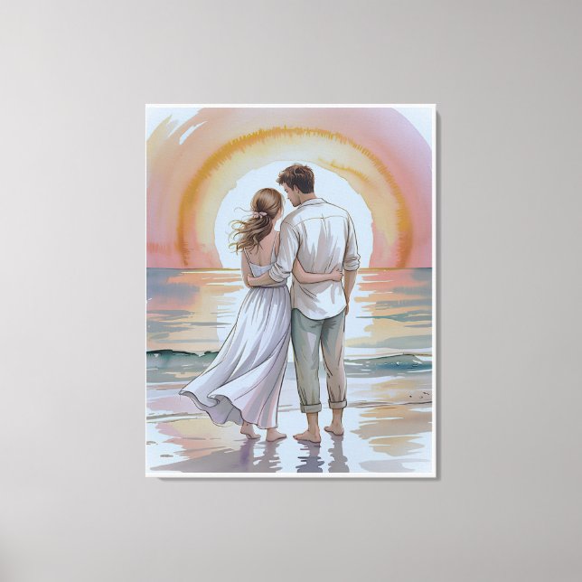 Toile Couple sur la plage au coucher du soleil (Recto)