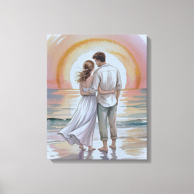 Toile Couple sur la plage au coucher du soleil (Recto)