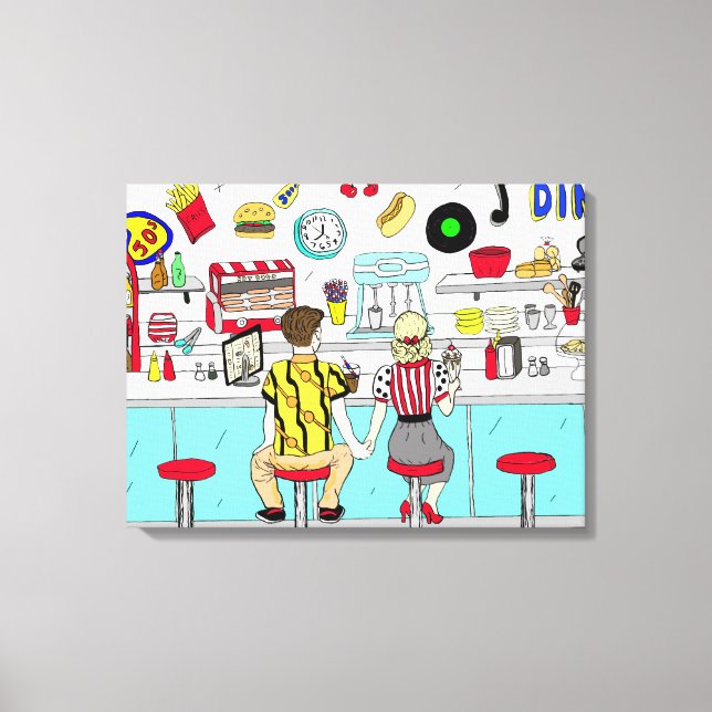 Toile Couple Tenant Main Rétro Nostalgic Cinquante Diner (Recto)