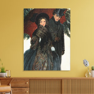 Toile Couple victorien vintage se promenant dans la neig