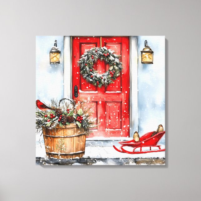 Toile Couronne de porte de Noël rouge hivernal rustique  (Recto)
