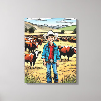 Toile Cowboy Cattle Ranch Young Boy Graphic Art Canvas
