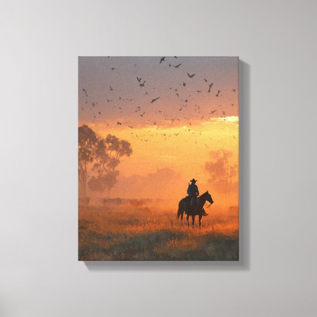 Toile Cowboy Riding Into Fiery Sunset Art (Recto)