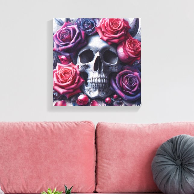 Toile Crâne entouré de roses vibrantes (Insitu(Salon))