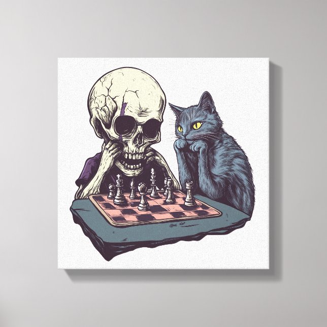 Toile Crâne vs Chat � Bataille d'Échecs Drôle (Recto)