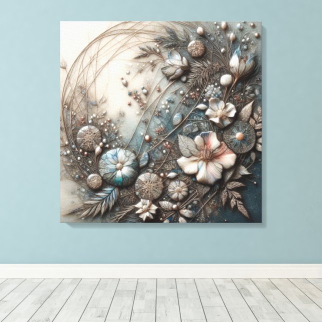 Toile Crème sarcelle Sculpture botanique florale 3D (Insitu (Plancher de Bois))