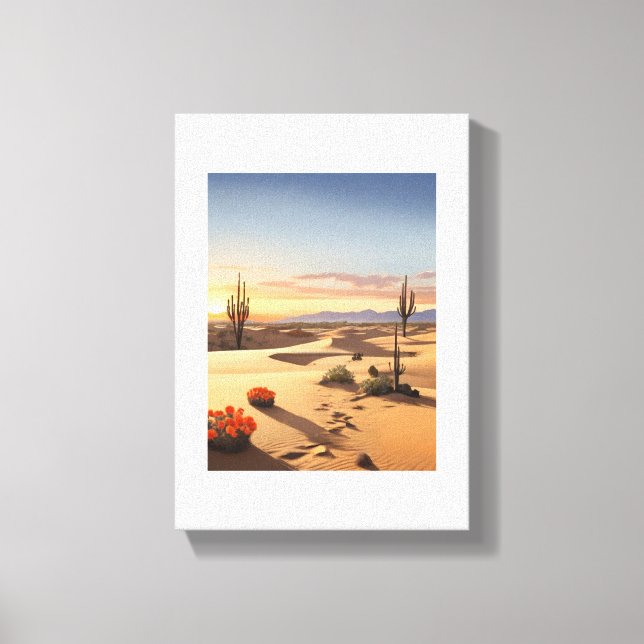 Toile Crépuscule : Sables dorés, Soleil orange, Plantes  (Recto)