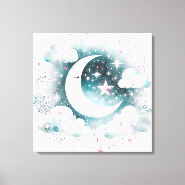 Toile Croissant de Lune Céleste Bleu et Blanc Bohème Mod (Recto)
