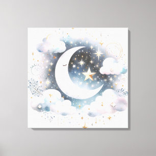Toile Croissant de Lune Céleste Bleu et Blanc Bohème Mod