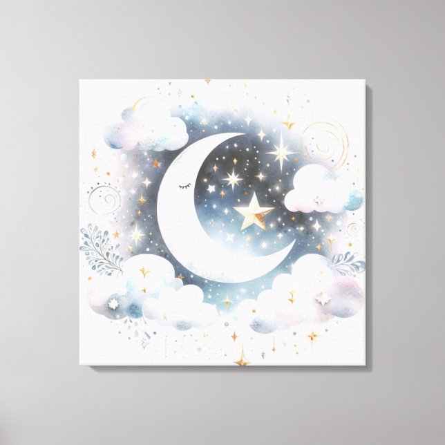 Toile Croissant de Lune Céleste Bleu et Blanc Bohème Mod (Recto)