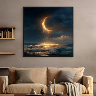 Toile Croissant de lune doré surréaliste au-dessus de l'