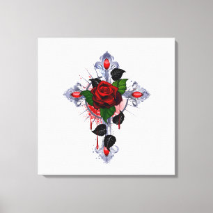 Toile Croix d'argent avec une rose rouge