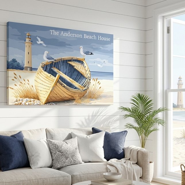 Toile Custom Lighthouse Rowboat Coastal Beach House (Summer beach house wrapped canvas featuring a boat on a beach with lighthouse and seagulls)