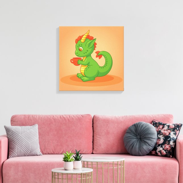 Toile Cute Baby Dragon Holding Cup on Orange (Insitu(Salon))
