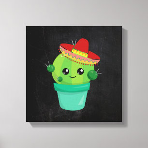 Toile Cute Cactus dans un Sombrero sur tableau noir