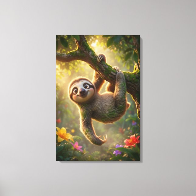 Toile Cute Hanging Sloth 3D Cartoon Jungle Canvas Print (Recto)