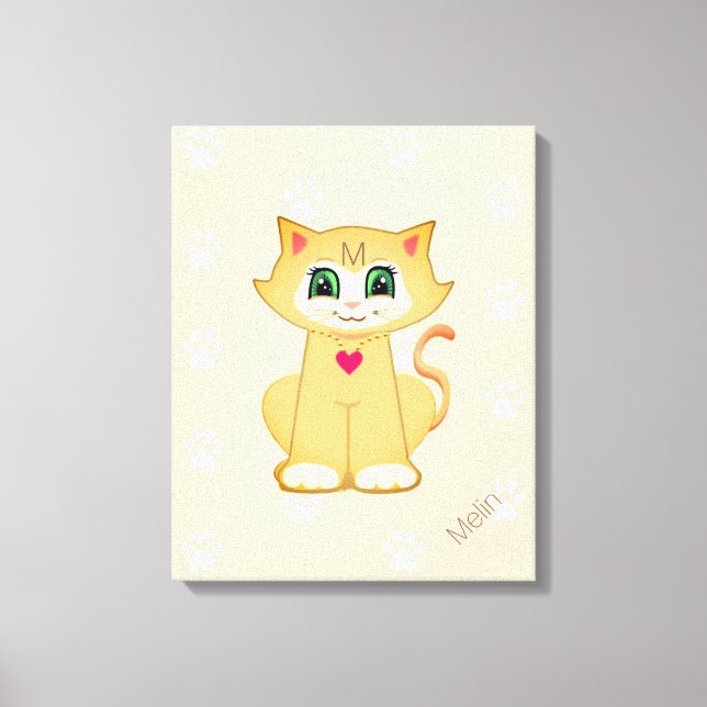 Toile Cute Kitty Chat & Motif Paw sur Coral (Recto)