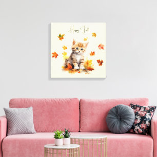 Toile Cute Orange Tabby Kitten dans les feuilles d'autom