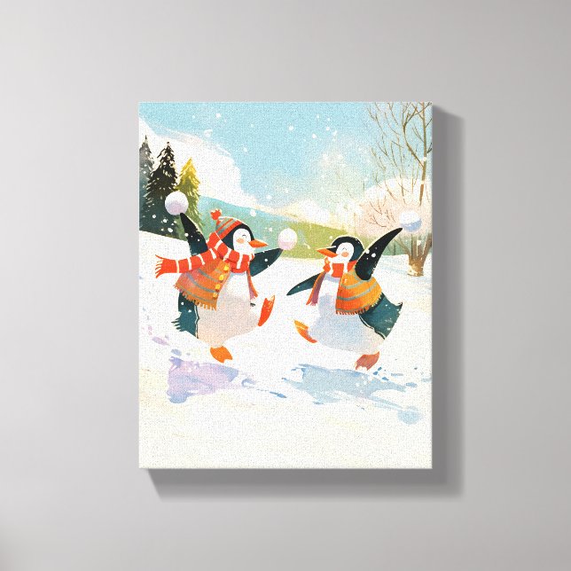 Toile Cute Penguins Playing in Snow Watercolor Nursery  (Recto)