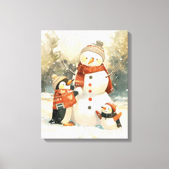 Toile Cute Penguins & Snowman – Cozy Winter Watercolor (Recto)