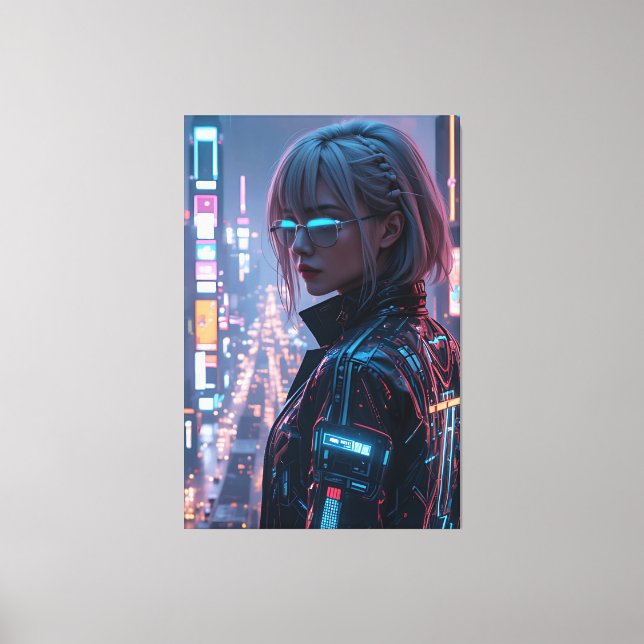 Toile Cyberpunk Cityscape Poster Futuriste Femme Hacke (Recto)
