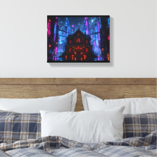 Toile Cyberpunk Halloween Maison Hantée Ville néon
