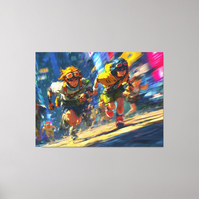 Toile Cyberpunk Runners Sprint Neon Rain City Action Art (Recto)