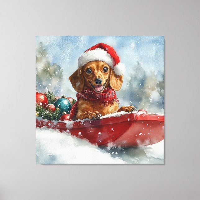 Toile Dachshund Dog in Sledge Let it neige Noël (Recto)