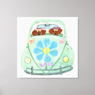 Toile Dachshunds Hippies Dans Leur Voiture Fleurie D'Amo