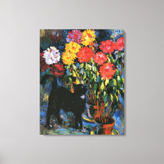 Toile Dahlias et Chat noir, peinture d'art,