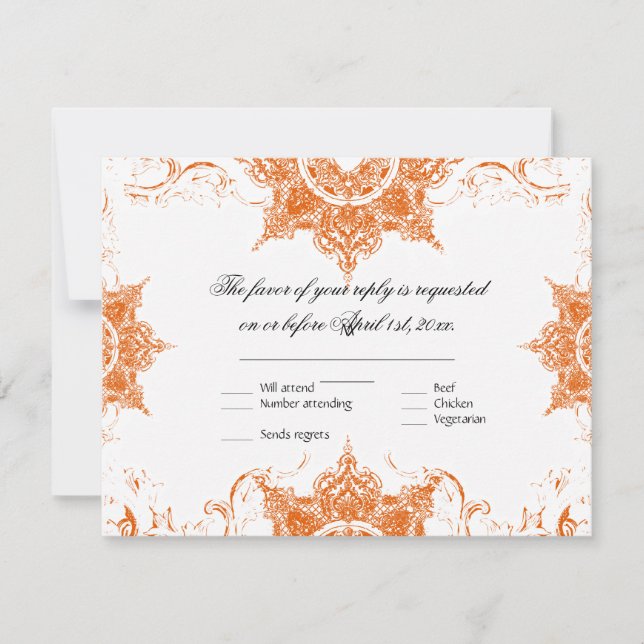 Toile Damask Swirl Wedding Carte RSVP Tangerine (Devant)