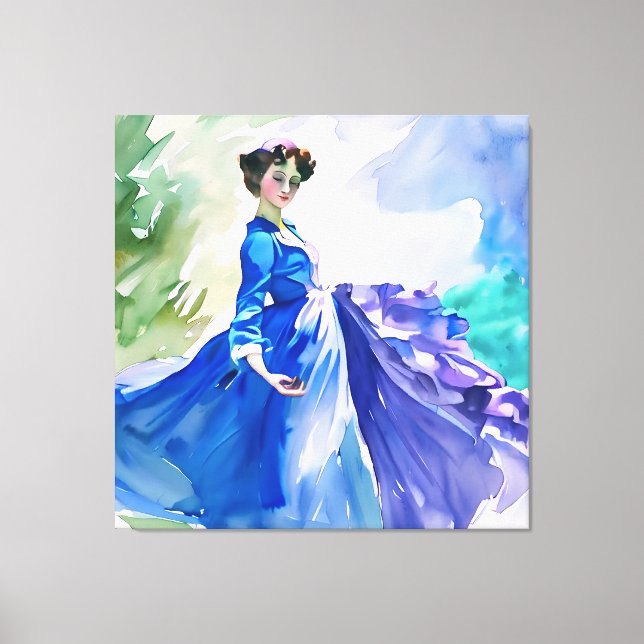Toile Dame en Robe Bleue - Peinture aquarelle (Recto)