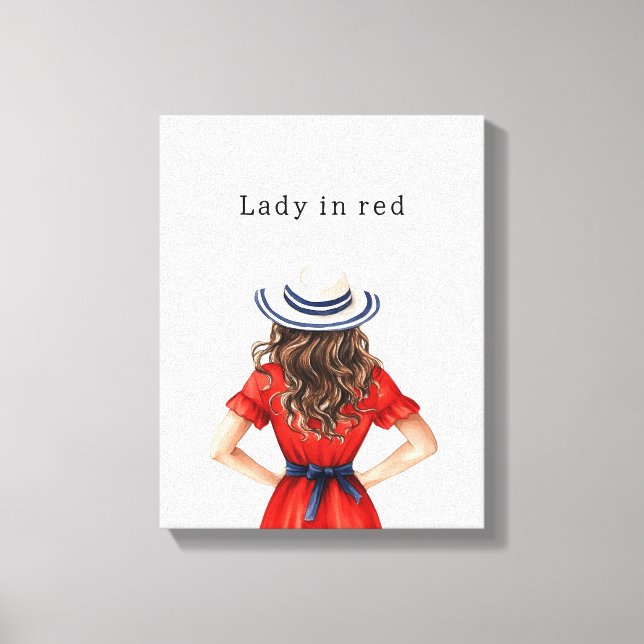 Toile Dame en robe rouge cheveux bruns (Recto)