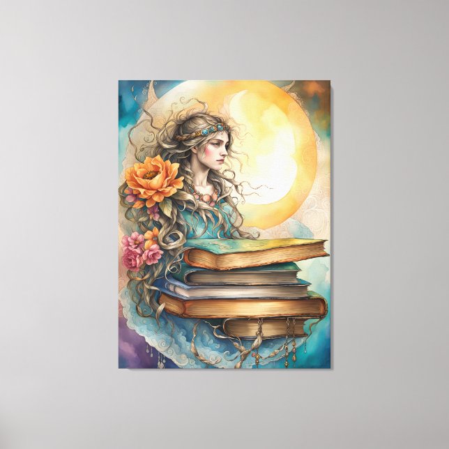 Toile Dame, lune, fleurs et livres de style bohème (Recto)