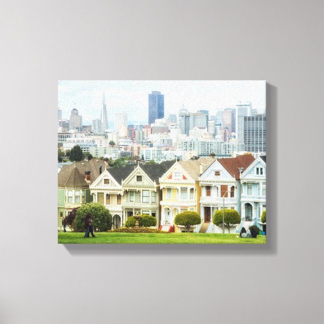 Toile Dames peintes, maisons victoriennes et skyline (Recto)