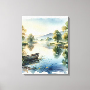 Toile d'art au lac aquarelle serein avec bateau