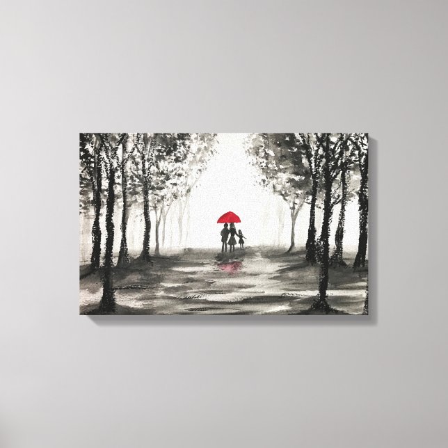 Toile d'art couple amour parapluie rouge (Recto)