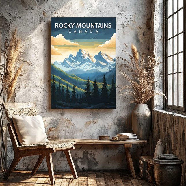 Toile d'art de l'affiche de voyage Montagnes Roche (Rocky Mountains Canada Travel Poster Canvas Art by TinkPrints.)