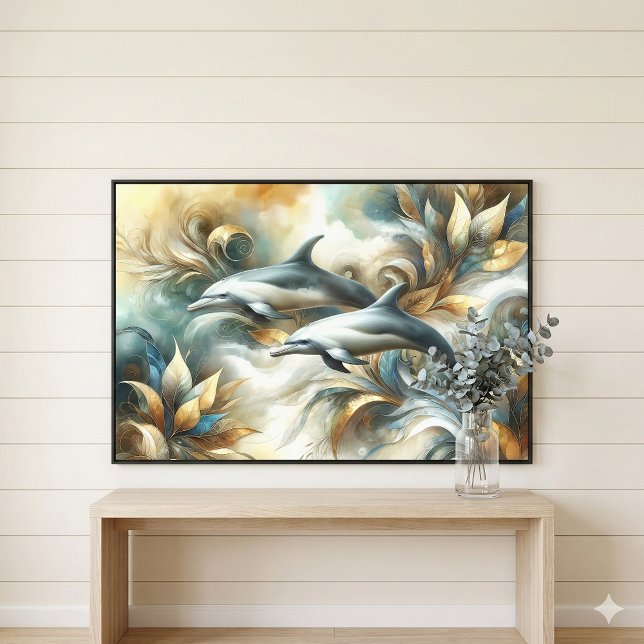 Toile Dauphins Paysage Botanique Doré de Rêves (Dolphins Golden Botanical Dreamscape Canvas Print Mockup A)